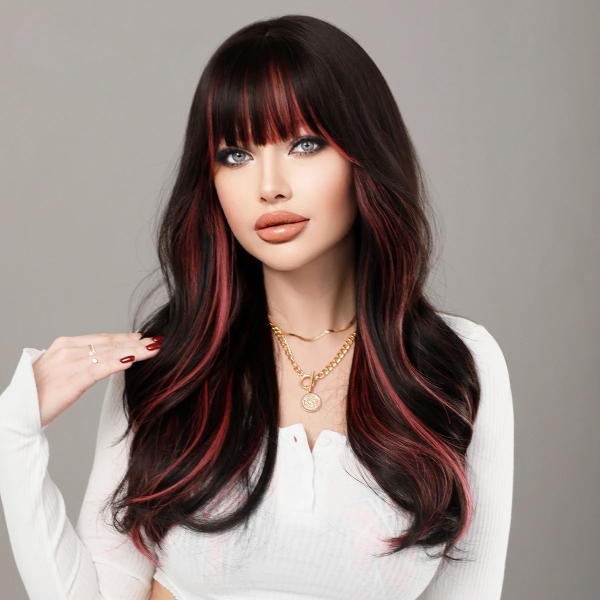 

Long Wavy Black Women Highlight Pink Bangs New Trend Synthetic Hair Wigs