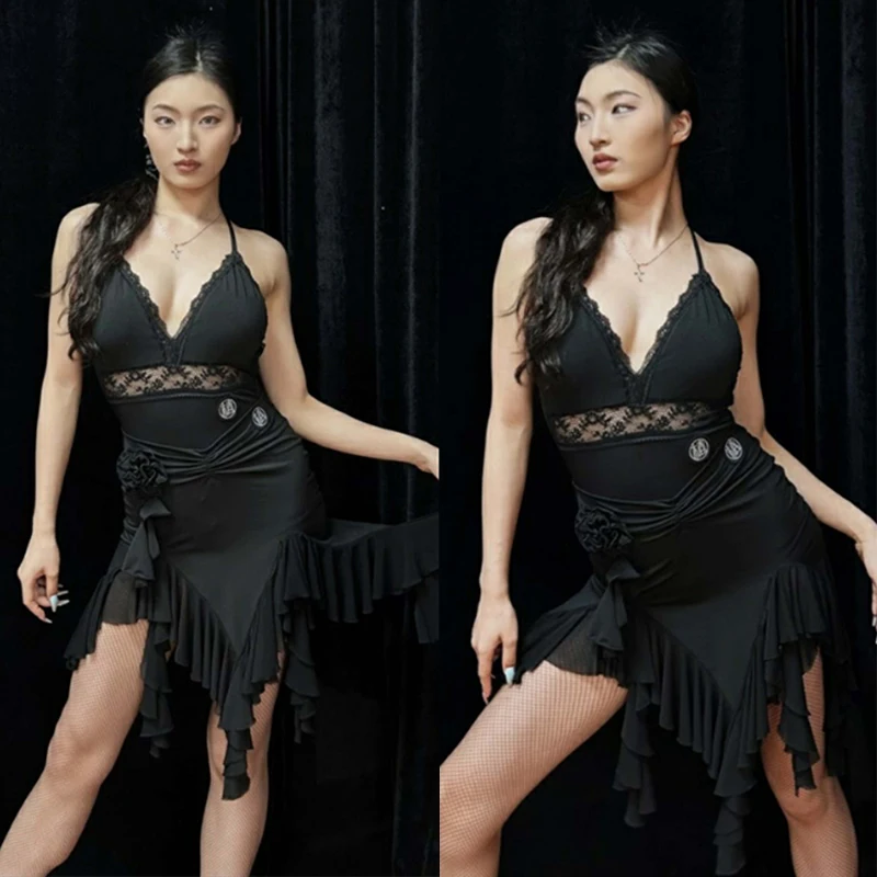 

2024 New Latin Dance Clothes Black Lace Suspender Tops Irregular Skirt Rumba Salsa Dance Dress Club Tango Dancewear DNV20144