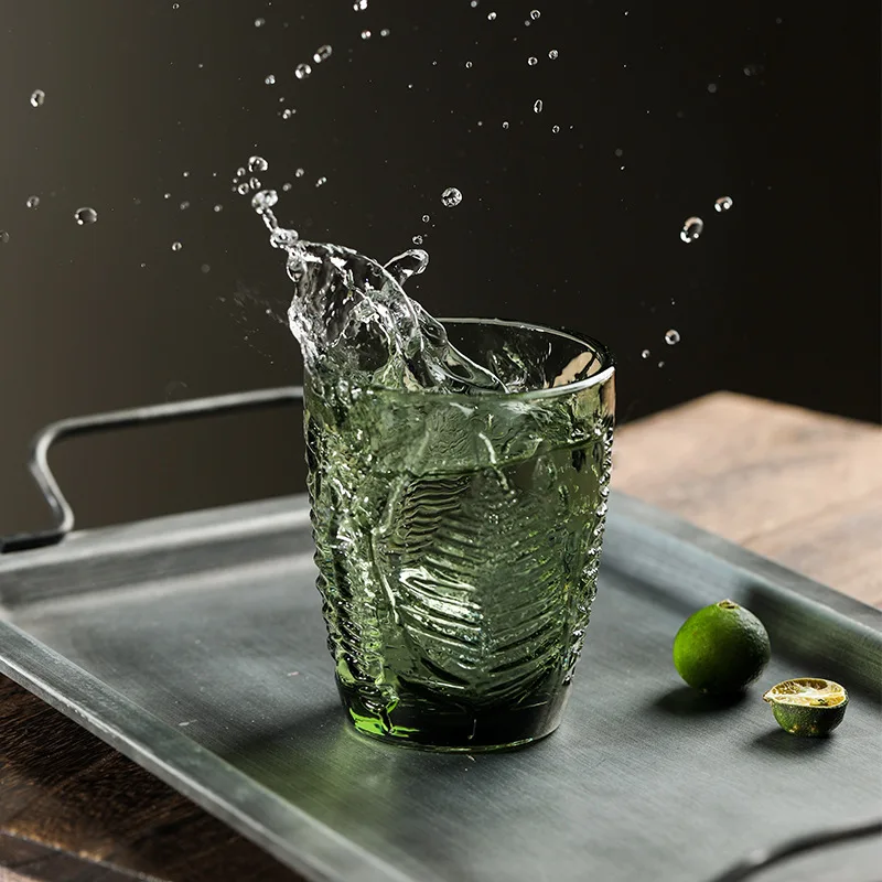 290ml Vintage Green Leaf Embossed Colored Side Glass Whiskey Bottle Heavy Duty Thick Glassware Drum
