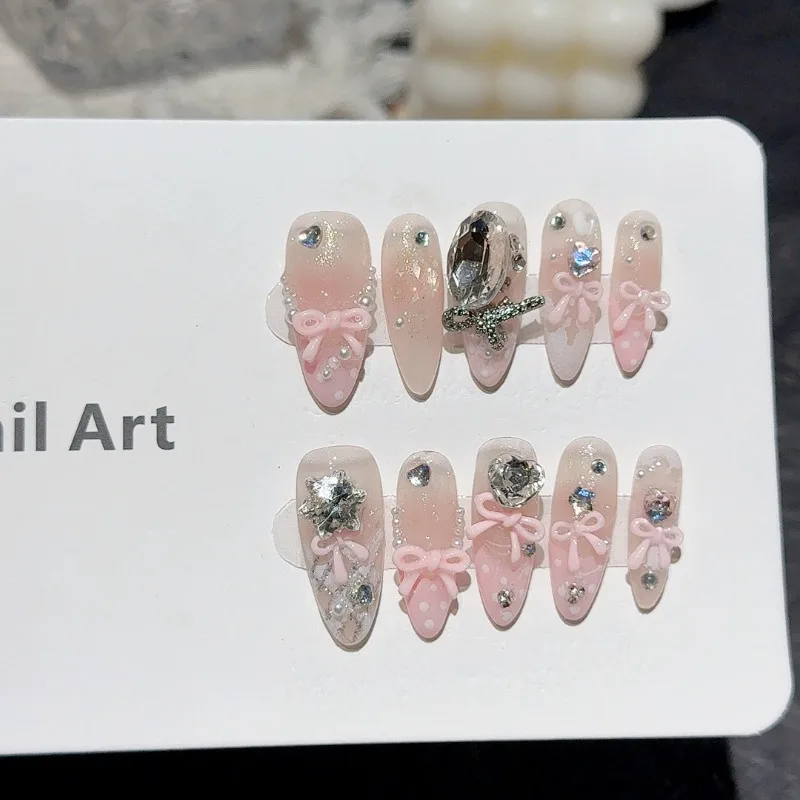 

10 Pieces Sweet and Cute Pink Bow French Almond Handmade Press On Nails Blush Pearl Diamond Cat Eye Glitter Fake Nails