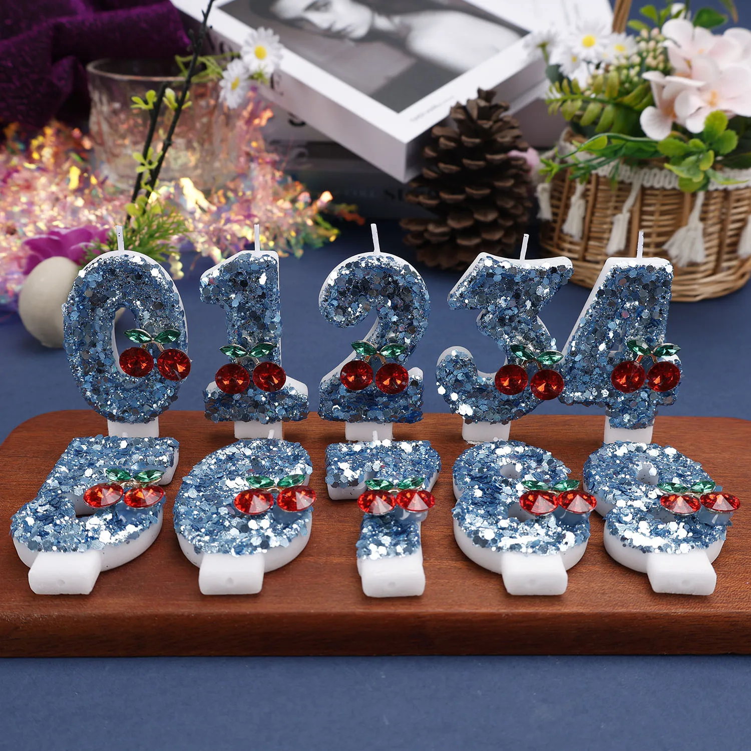 Retro sequined cherry number candles - Deep sea blue birthday candles, festival commemorative candles, party gifts