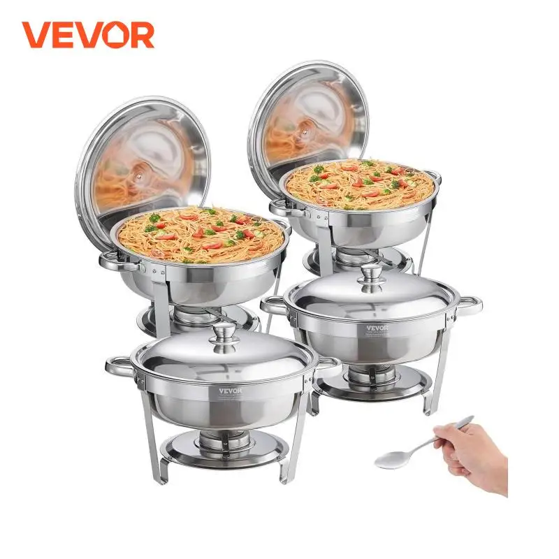 VEVOR 6 Qt 4 Pack Round Chafing Dish Buffet Set with Full Size Pan Stainless Steel Catering Warmer Server with Lid Water Pan