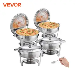 VEVOR 6 Qt 4 Pack Round Chafing Dish Buffet Set with Full Size Pan Stainless Steel Catering Warmer Server with Lid Water Pan