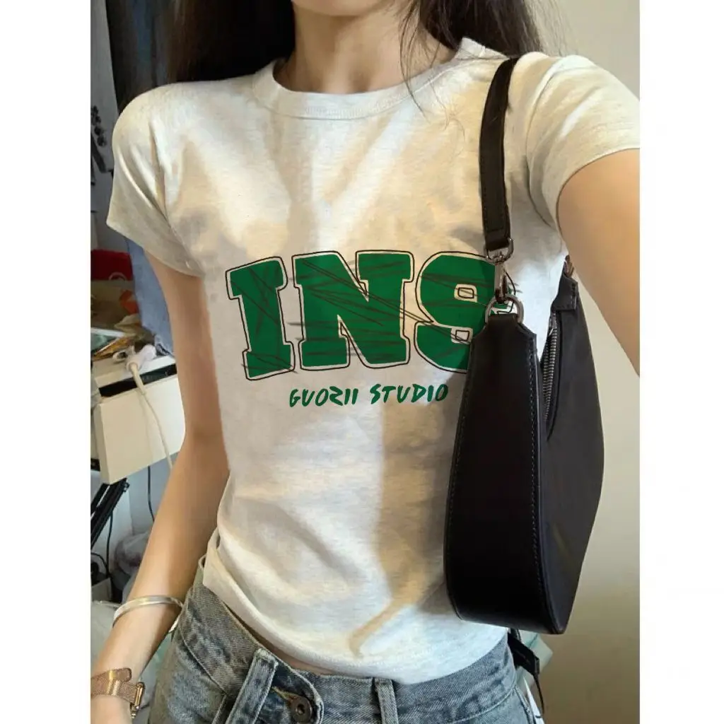 American Style Sweet Spicy Short Sleeve Cotton T-Shirt Women's Slim Fit Printed Casual Top Shoulder Width Regular Length