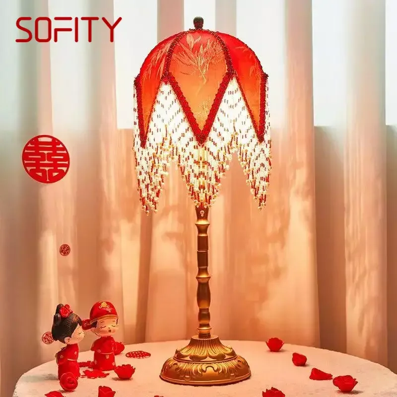 

SOFITY Red WeddingTable Lamp American Retro Living Room Bedroom Villa French Pastoral Creative Tassels Desk Light