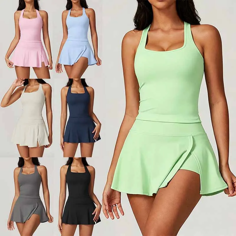 New Yoga Tennis Dress Quick Dry Breathable Outfit for Tennis Training Ladies Split A-Lined Sports Dress Solid Elastic Skirts
