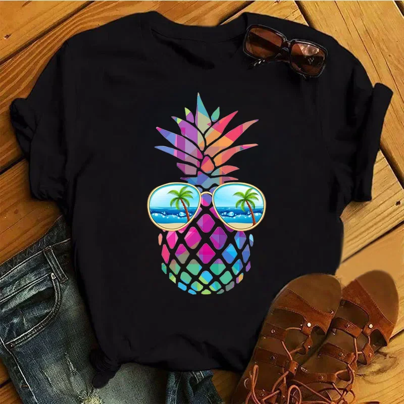 New Women's T Shirt Funny Strawberry Pineapple Pattern Women's Top Cute Fruit Women's Casual T-shirt Women Casual Black T-shirt