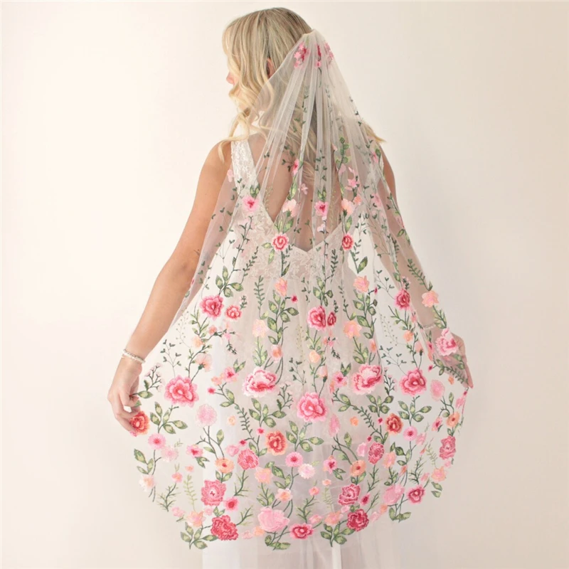 

White Tulle Floral Bridal Wedding Veils With Comb For Brides Fingertip Pink Red Flowers Embroidered Lace Outdoor Green Leaves