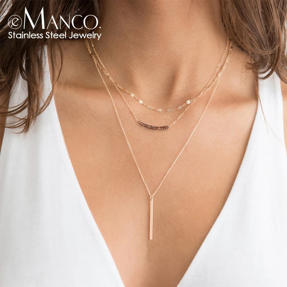 EMANCO Dainty Multi-Layered Necklace Stainless Steel 14K Gold Color Bar Disc Pendant Women’s Daily Commute Fashion Jewelry Gift