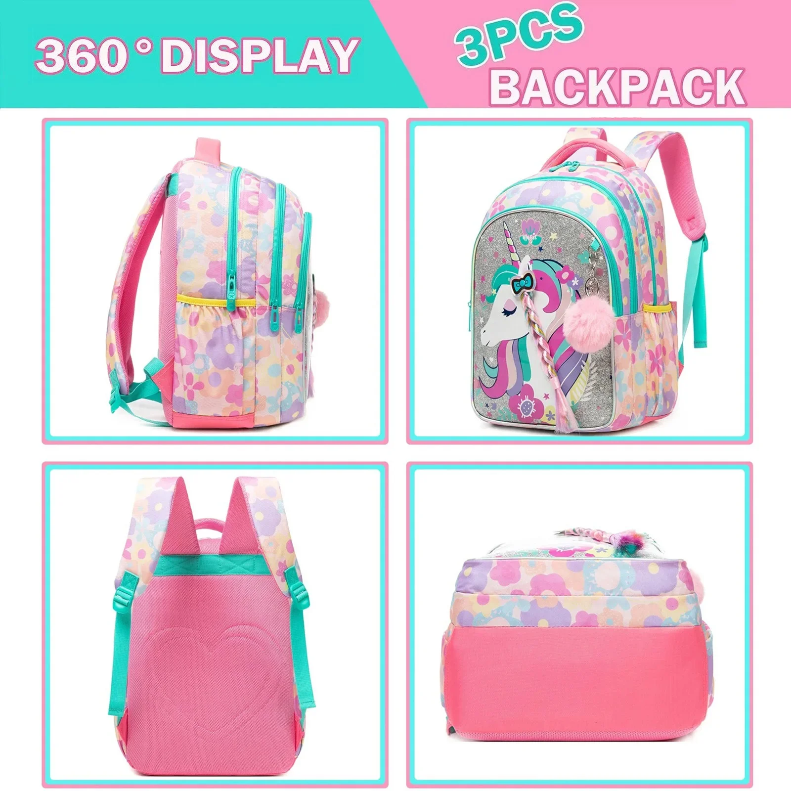 3PCS Girls School Backpack Set with Lunch Bag Cute Elementary Bookbag Combo for Kids Lightweight Durable Back To School Gift