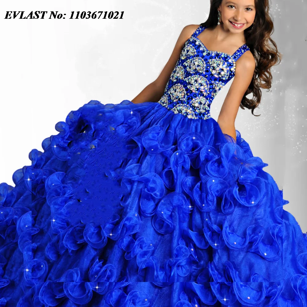 

EVLAST Customized Royal Blue Ruffles Flower Girl Dress Wedding Beading Party Princess Boho Birthday First Communion Gowns FD21