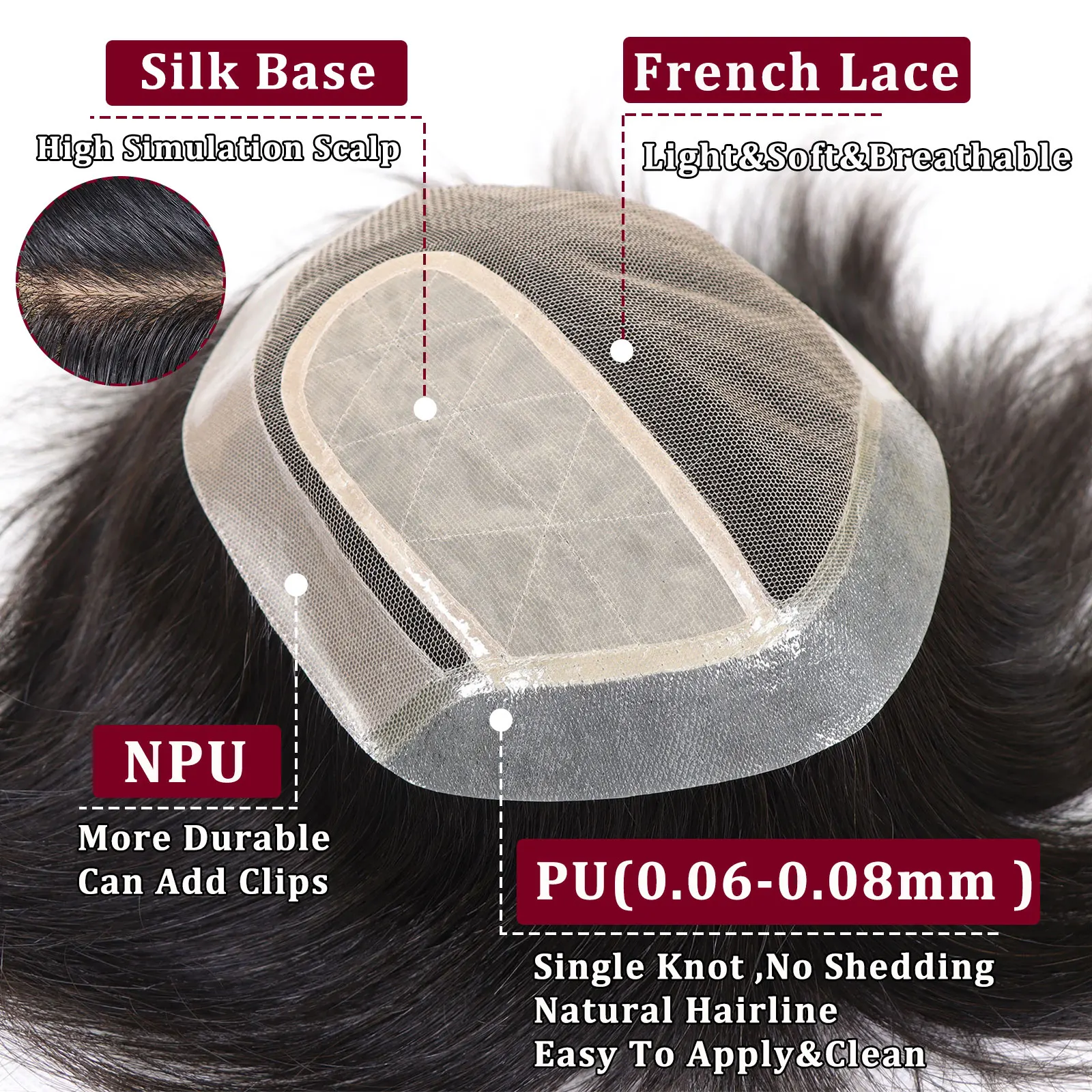 قاعدة الحرير الطبيعية فروة الرأس شعر الإنسان الجلد بولي PU حول الشعر المستعار للرجال غير مرئية الرجال الاصطناعية نظام استبدال الشعر الذكور