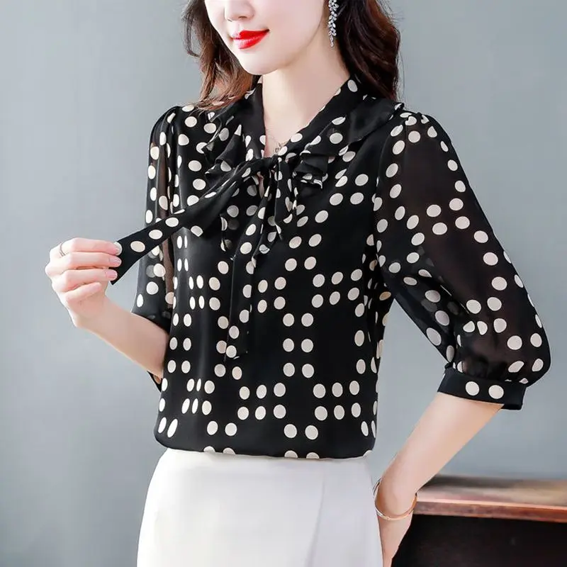 Fashion Three Quarter Sleeved Floral Chiffon Shirt for Women Summer Clothes Polka Dot Print Drawstring V-Neck Straight Blouses