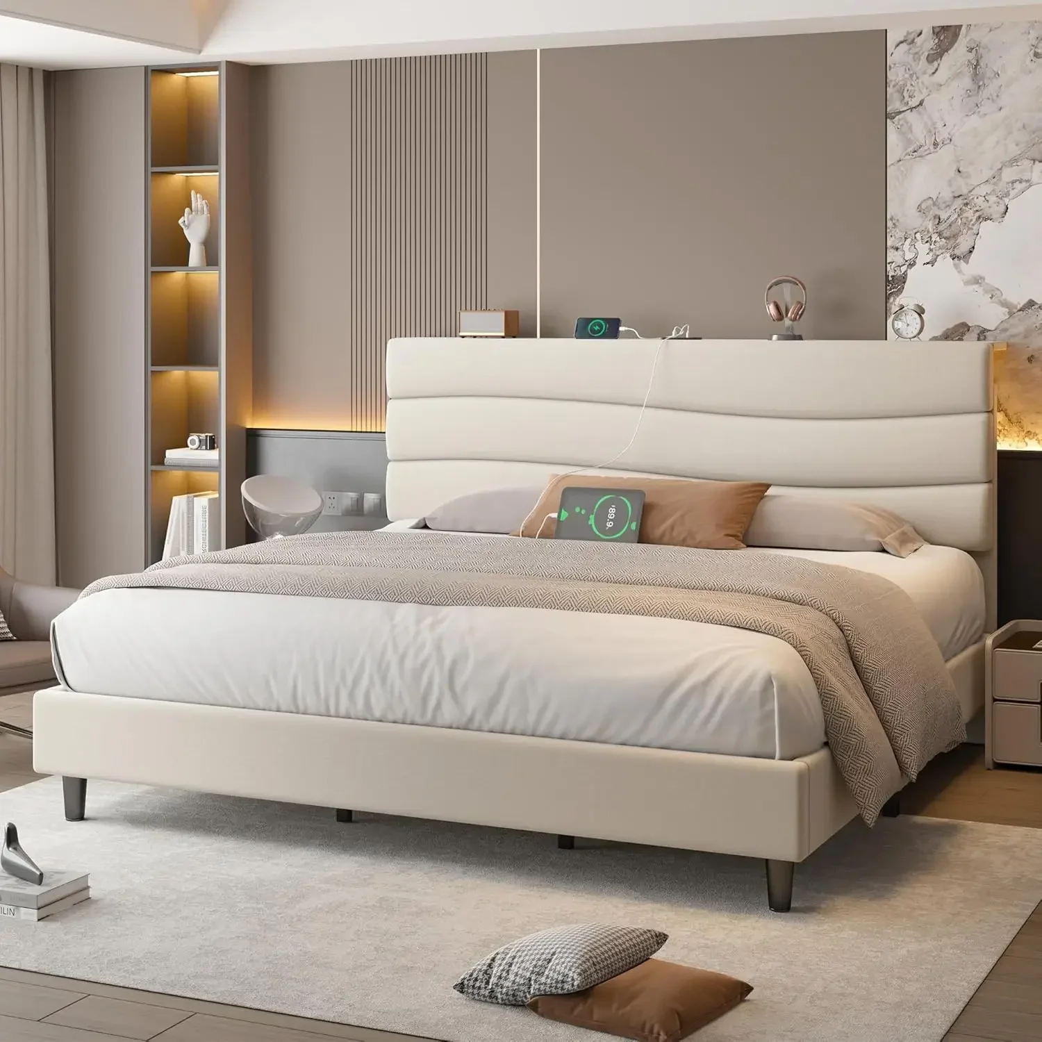 [عرض لفترة محدودة، اليوم فقط! ]إطار سرير بحجم كينج مع لوح رأسي منجد من القماش، وإطار سرير كينج مع لوح رأسي للتخزين