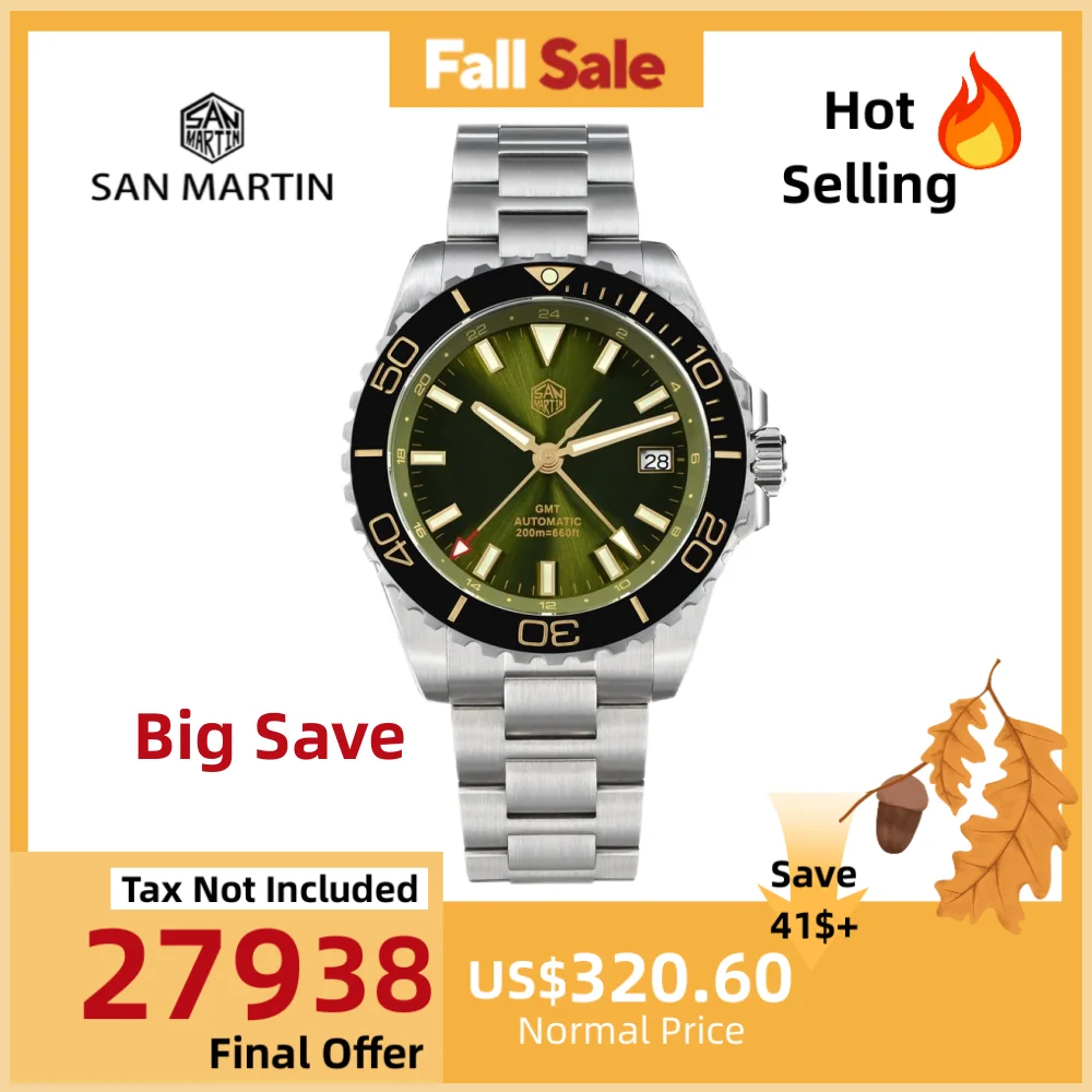 

San Martin 39mm Automatic NH34 Men's Watch Sport GMT Diving 20Bar Enamel Dial Sapphire AR Self Winding Wristwatch Montre SN0136