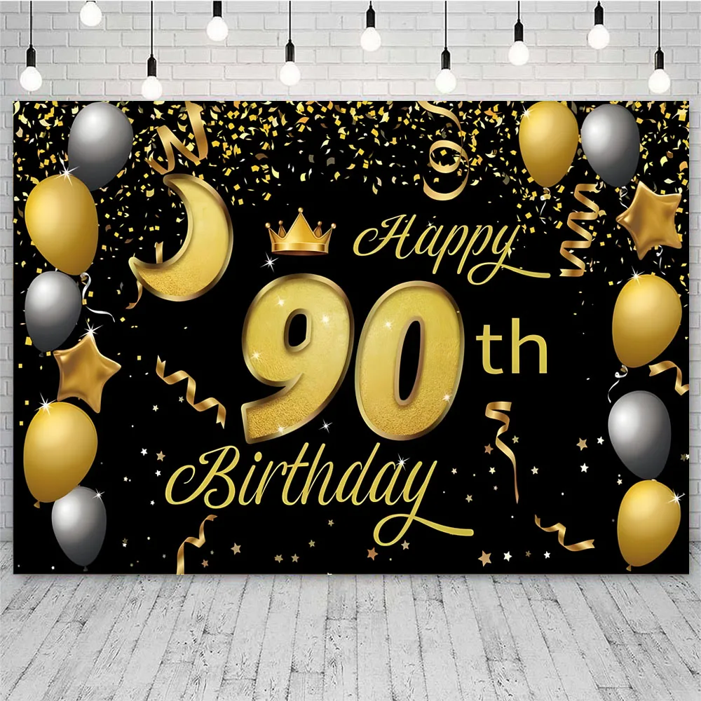 Happy 90th Birthday Backdrop Party Table Banner 90 Years Old Decor Booth Black Gold Balloon Confetti Background for Women Men