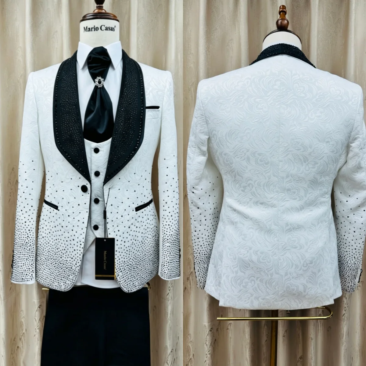 Stylish Jacquard Men's Suit 3 Pieces Shawl Lapel One Button Wedding Groom Sets Beaded Customized Costume Homme