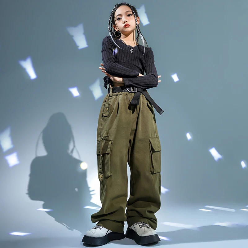 Ensemble haut court et pantalon cargo pour enfants, streetwear pour filles, hip hop, armée, vert, danse de rue, olympiques de scène jazz