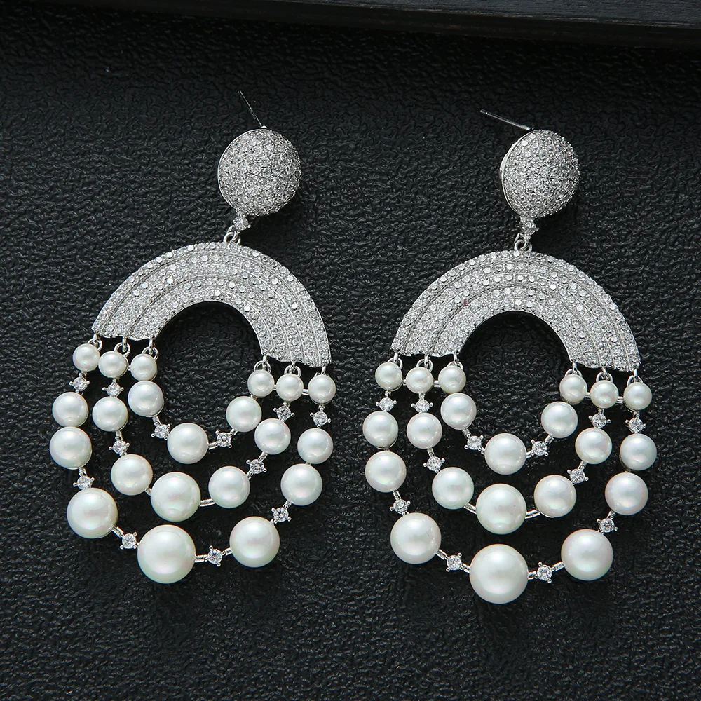 HIBRIDE Light Luxury Vintage Exquisite Fringe Pearl Multicolor Round Earrings for Women Dubai Holiday Gift Wedding Dress E311
