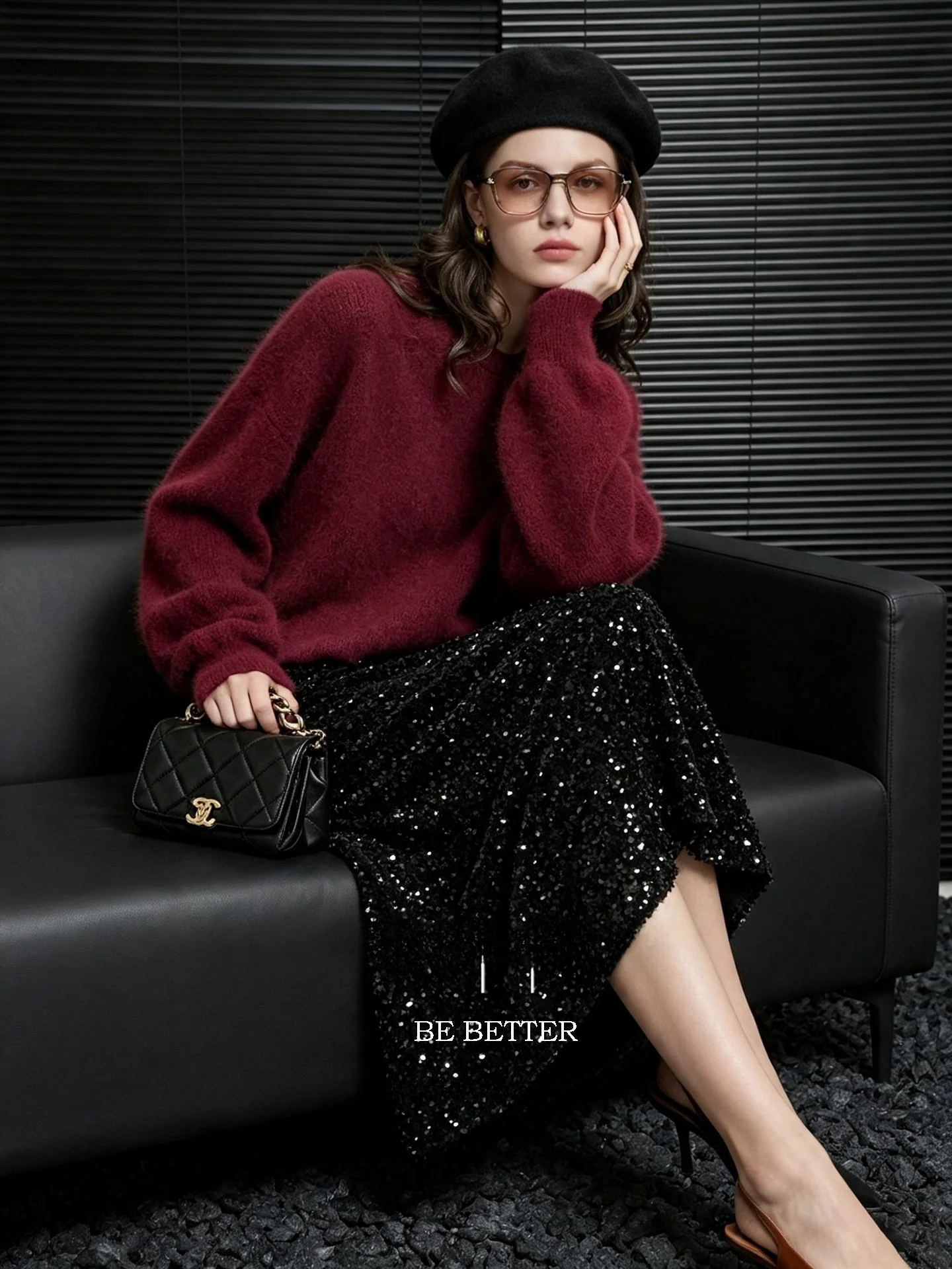Huaappuw Luxury Black Sequin Velvet  Skirt Women's A-Line Skirt High Waist Polyester Fiber Travel Commute Daily Wear