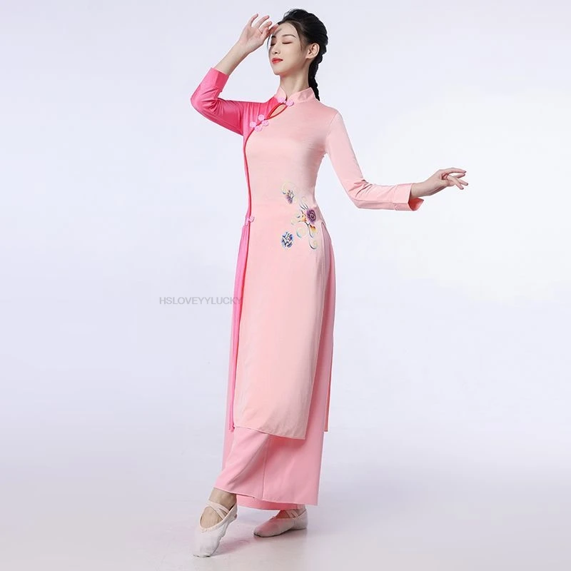 

Woman Aodai Dress Vietnam Traditional Clothing Vietnam Robe And Pants Set Vietnam Costumes Pink Embroidery Cheongsam Dress