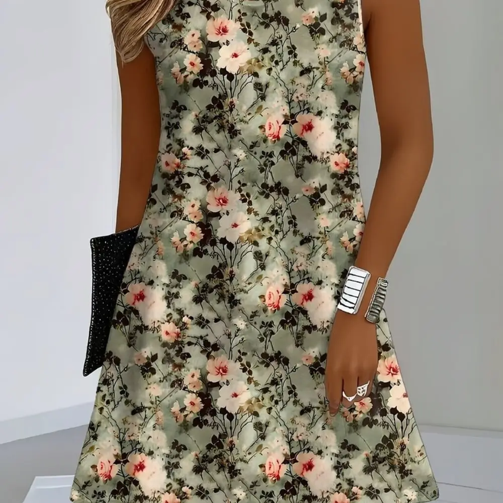 Casual Sleeveless Midi Dress For Women Summer Loose Ruffle Hem Breathable Soft Beach Vacation Party Elegant Lady Apparel