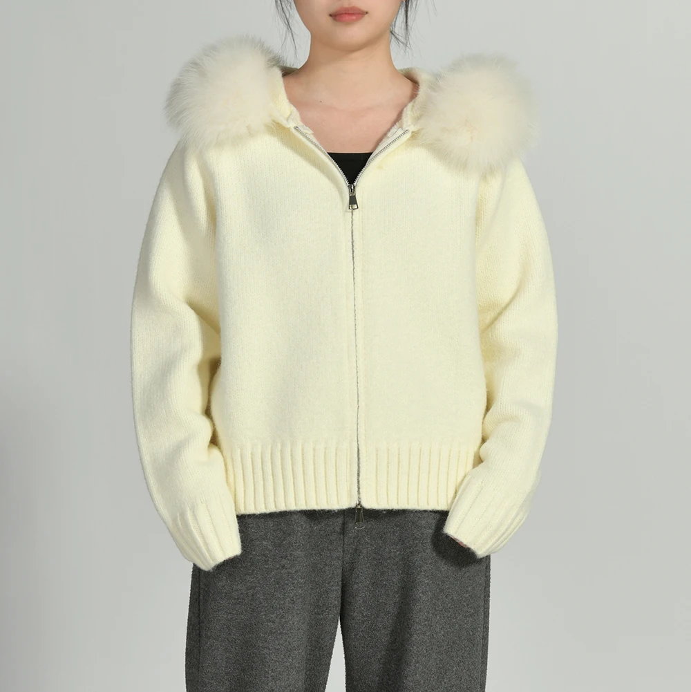 Jxwatcher Maglione da donna con collo in vera pelliccia di volpe Autunno Inverno Casual Top in maglia con cappuccio Cardigan corto in pelliccia naturale 2024 Nuovo