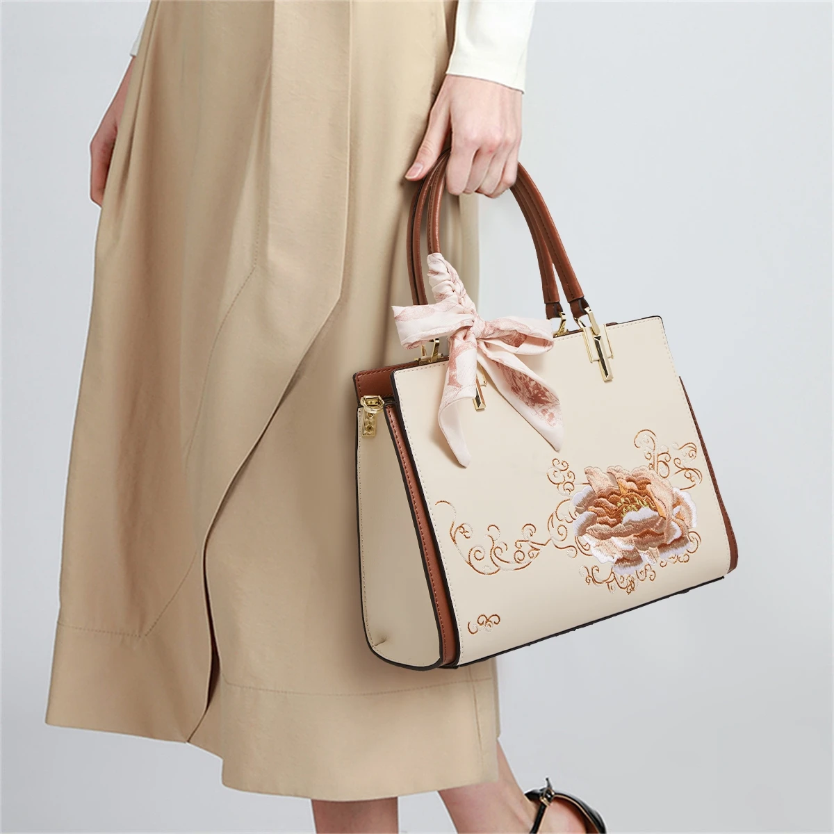 FOXER Luxury Women Top Handle Handbag Elegant Chinese Embroidery Tote Bag Cowhide Leather Ladies Fashion Crossbody Shoulder Bag