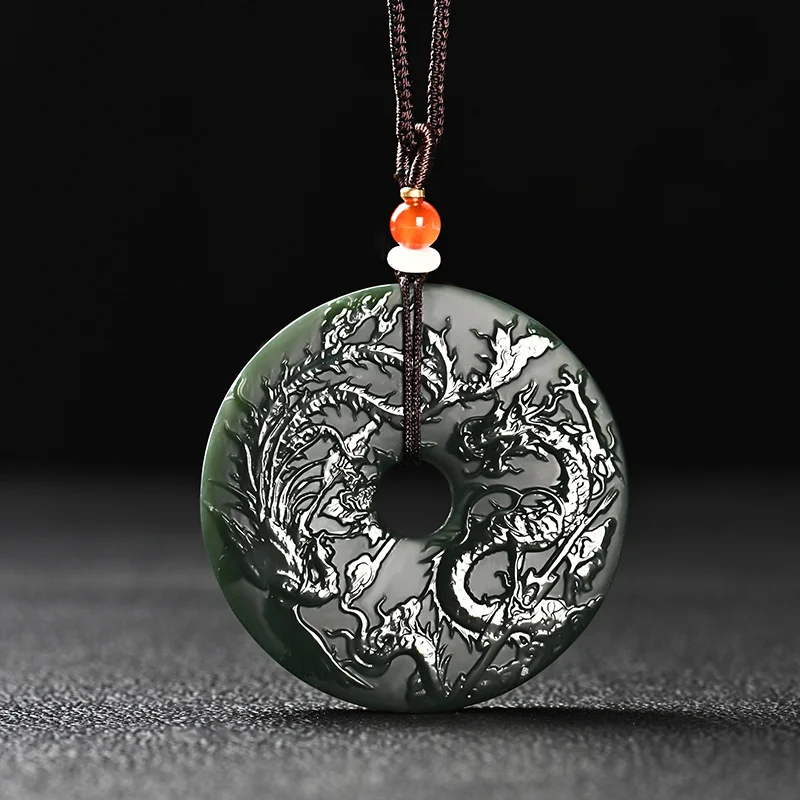 MaiChuang/HandCarved/HeTian CyanJade Dragon Phoenix Ping An Buckle Necklace Pendant Fashion Elegant Jewelry MenWomen Couple Gift