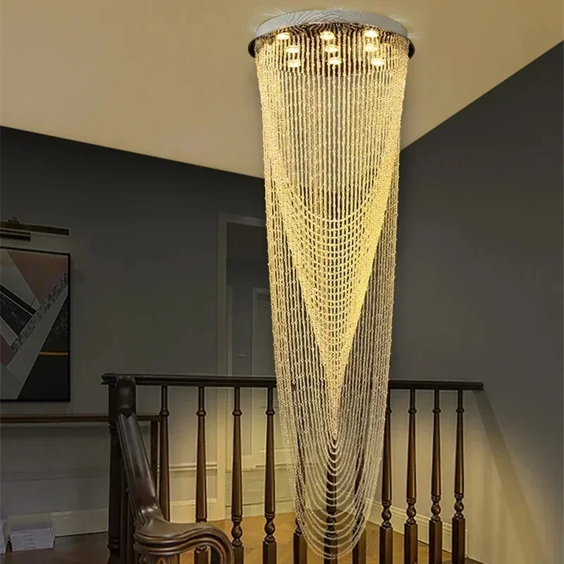 Luxury Villa Duplex Staircase Chandelier Lighting Crystal Tassel Indoor Lighting Restaurant Lobby Living Room Loft Pendant Lamps