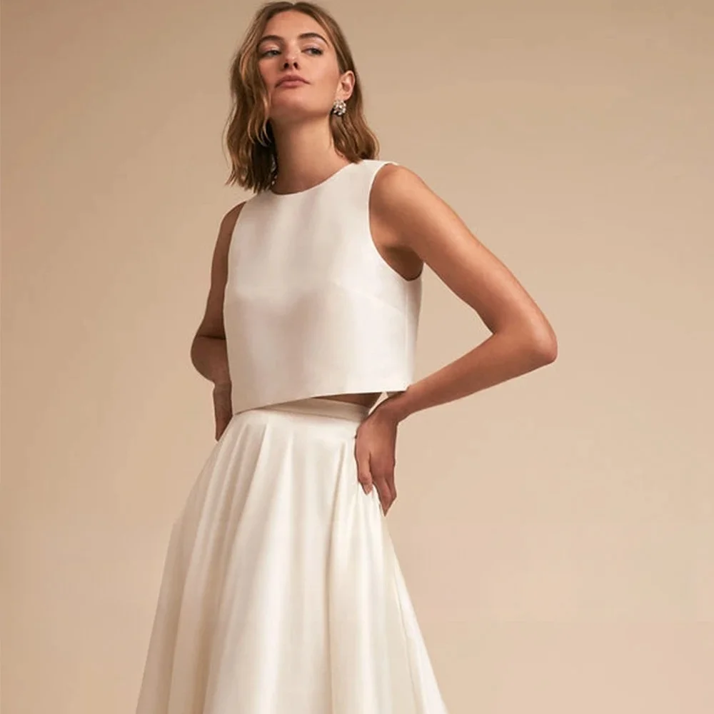 Customized Charming Two Piece Wedding Dresses O-Neck Sleeveless Upper Body A-Line Floor Length Sweep Trailing Satin Bridal Gowns