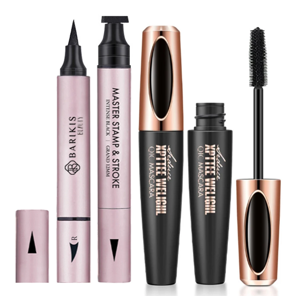 4D Fiber Eyelash Mascara Double Head Waterproof Liquid Eyeliner Pens Wing Eye Liner Stamp Pencil Makeup Set Cosmetic Kit