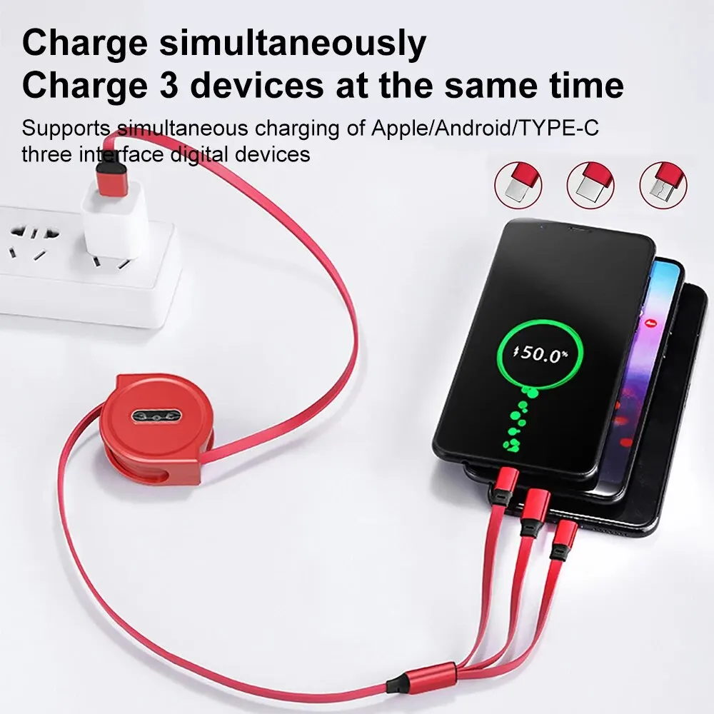 Retractable 3 in 1 Data Line Macaron Color for IPhone14 Xiaomi Macbook HUAWEI Large Round Shell Multifunction USB Charging Cable