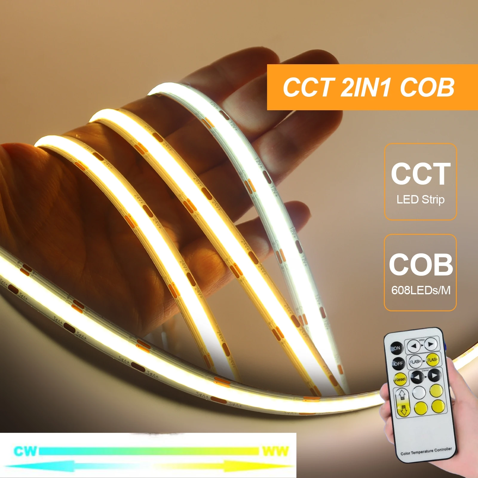 12V 24V Dimmerable 608LEDs/M CCT COB LED Strip With Remote IP21 Warm White + Cold White Flexible Ribbon Tape Light Lamp Strip