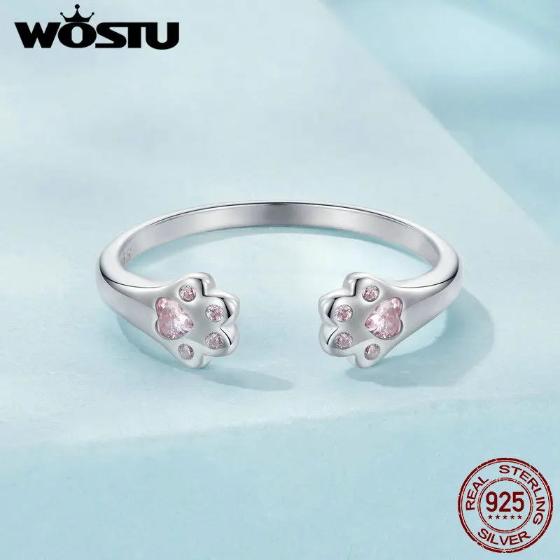 WOSTU 925 Sterling Silver Animal Pet Paw Open Rings Women Lovely Pink Zircon Kitty Cat Paw Regulowane pierścionki Dziewczyna Córka Prezent