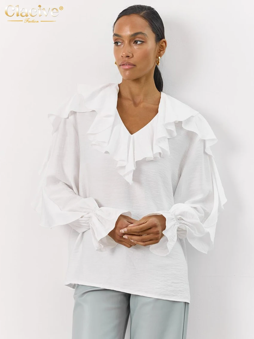 

Clacive Fashion Loose White Women's Shirt 2025 Casual Ruffle Collar Long Sleeve Shirts Elegant Classic Solid Top Female Clothing