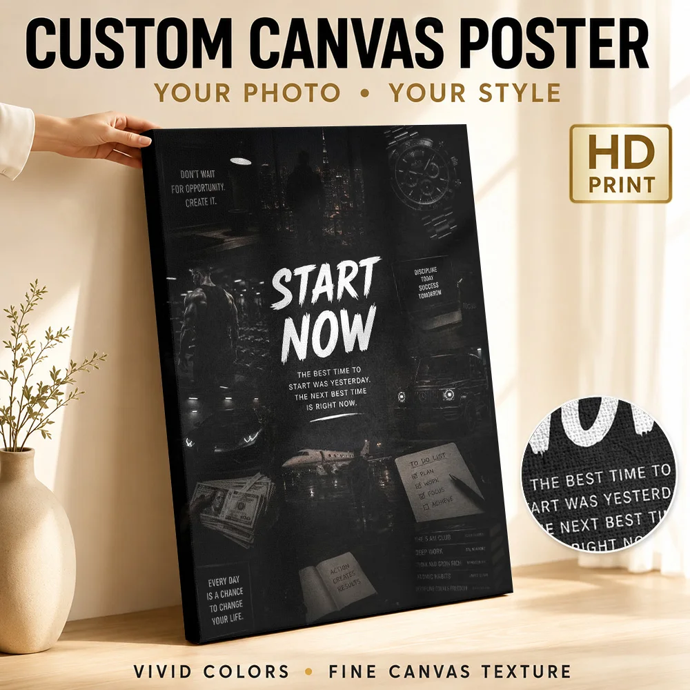 Start Now Motivational Success Collage Framed Canvas Print Personalized Photo Expressive Typography Wall Art For Training Room