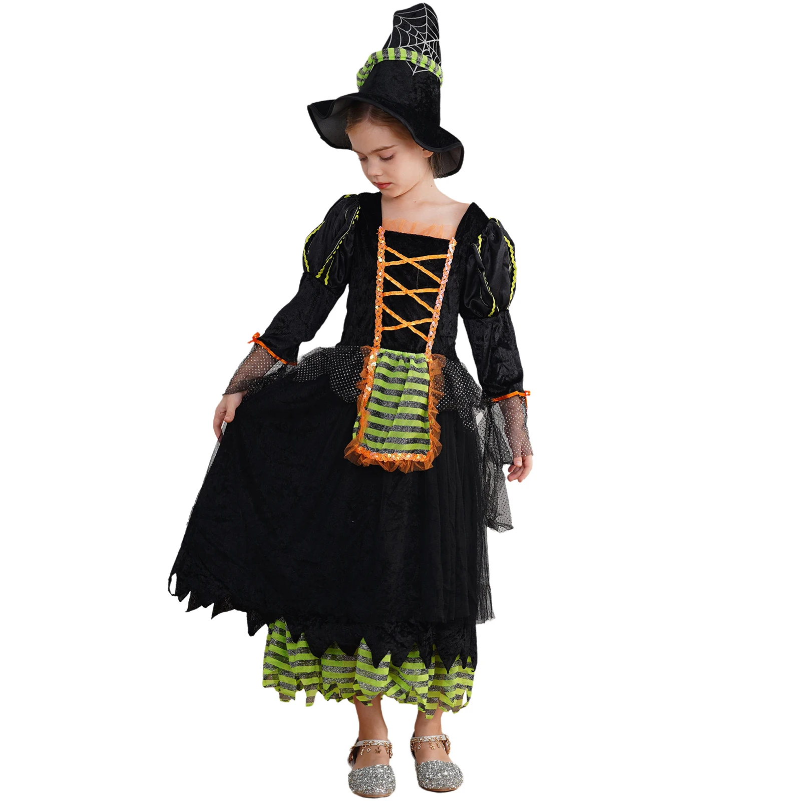 Girls Witch Cosplay Costume Halloween Carnival Theme Party Fancy Dress Up Long Sleeve Sequins Stripes Print Dress with Witch Hat