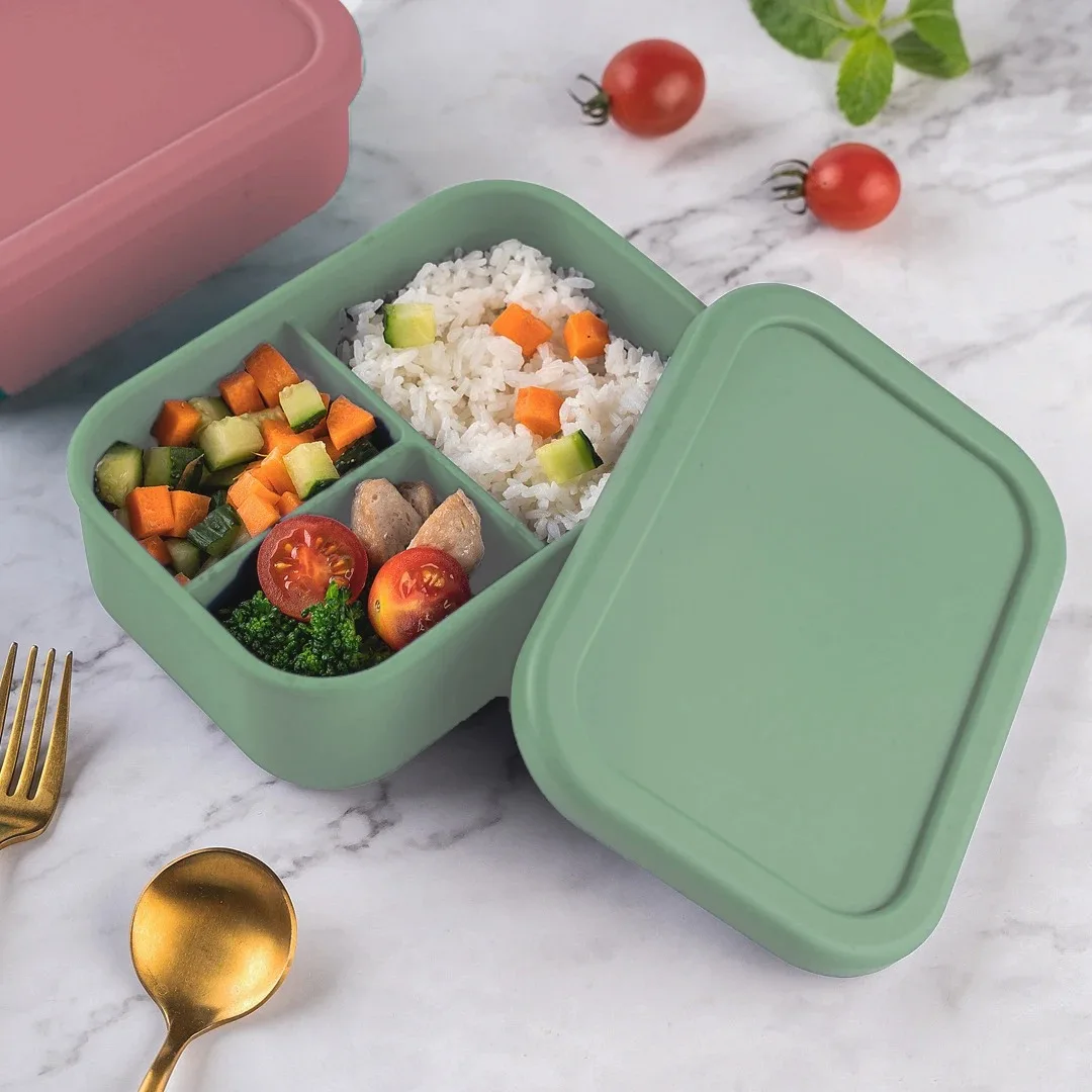 New three partition silicone lunch box portable microwave-heatable food box with sealing fresh-keeping box