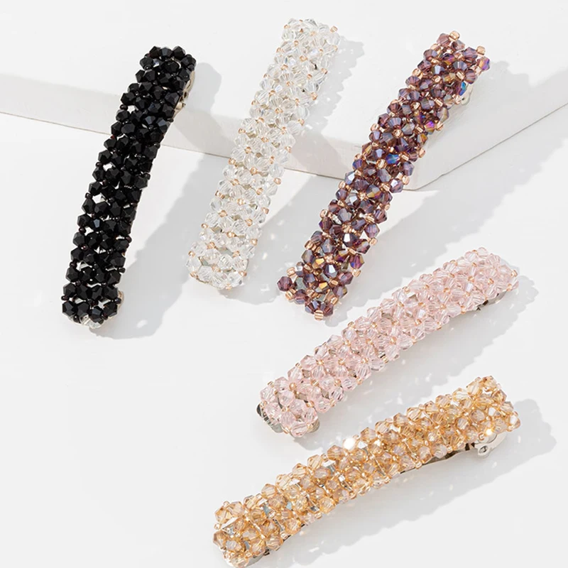 

5Pcs Two Diamond Hair Clip Crystal Fish Thread Woven Spring Cip Minimalist Girl Edge Clip