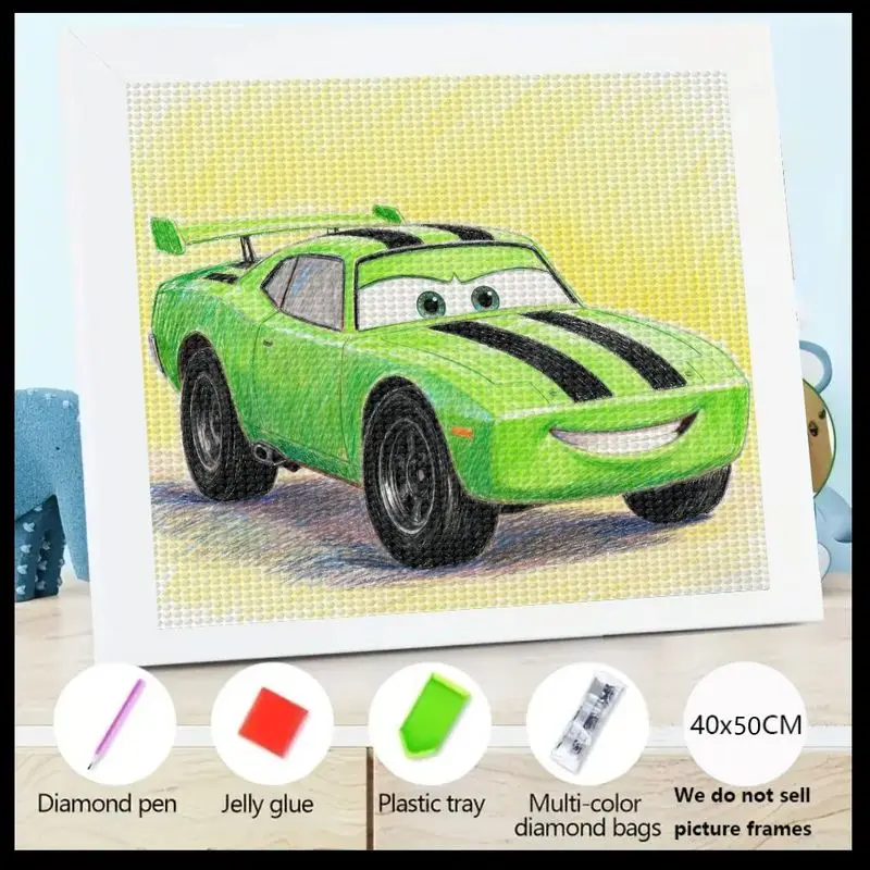 Kit de pintura de diamante de taladro completo DIY 5D, tema de coche deportivo de carreras de dibujos animados verdes, juego de manualidades de arte de diamante de vehículo para niños y 1 ud.