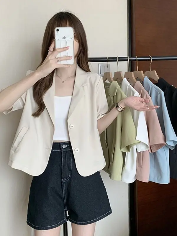 

Women's ort Sve irt Jaet 2023 Summer New Design Thin Suit Collar Top Sweet Sle Pure Color Single Button Polyester ...