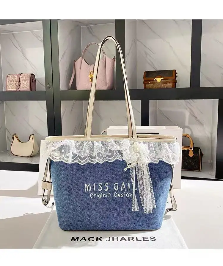 

Fashion Lace Blue Denim Bucket Bag Large Capacity Casual Tote Bag High Quality Women Handbag Female Shoulder Underarm Bag