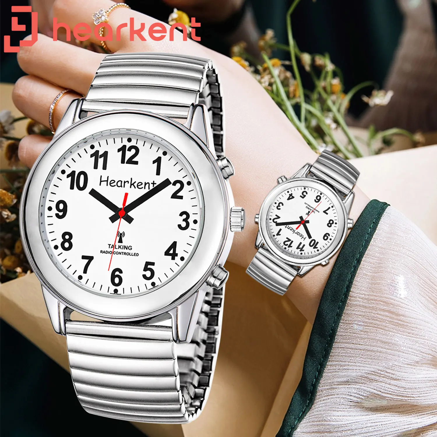 Hearkent Womens Digital Watch Elastic Strap Watch Atomic Alarm Wristwatch German Talking Watch Clock for Blind/Visually Impaired