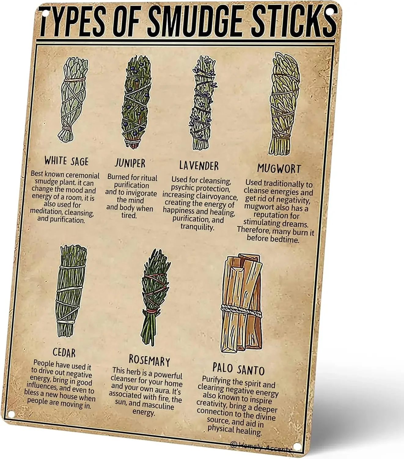 Smudge Stick Guide Vintage Metal Tin Sign, Types Of Smudge Sticks, Witchy Kitchen Decor, Herb Lover Poster for Farmhouse, Goth C