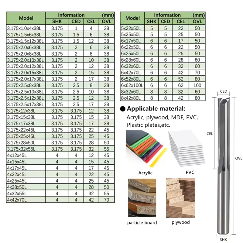 10pcs 3.175mm 4mm 6mm 8mm Two Flutes Straight Slot CNC Router Bits - Solid Carbide Double Flute Wood Cutter Bits