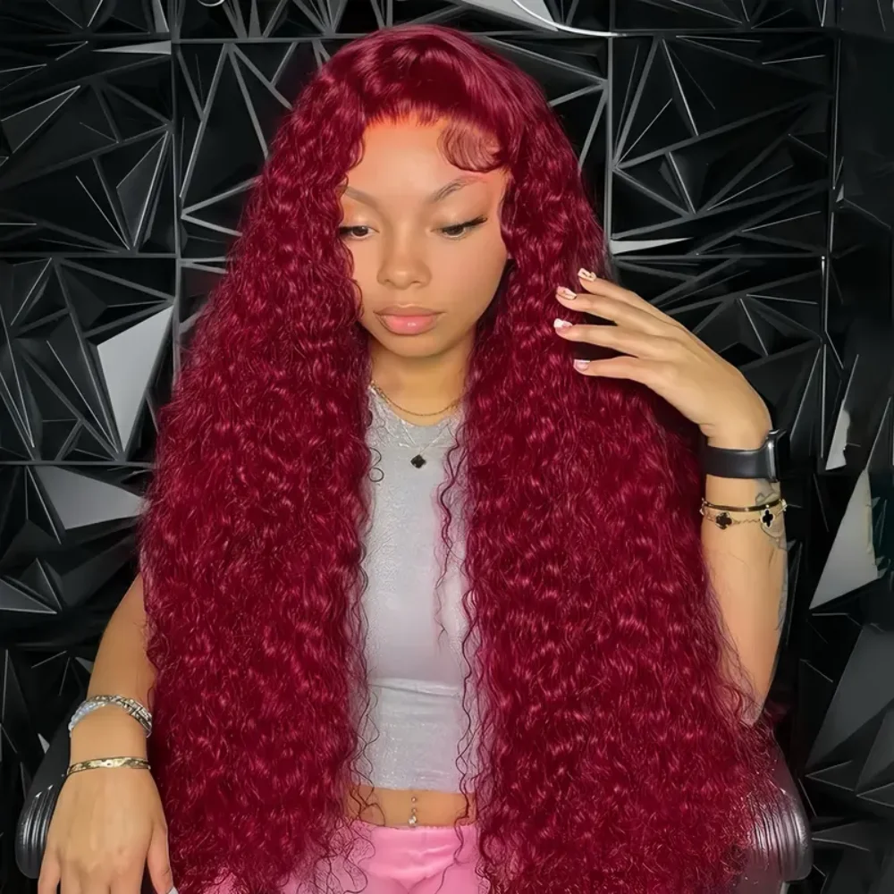 

Парик из натуральных волос 99J Burgundy Deep Wave с фронтальной частью 13x6 HD, прозрачный кружевной фронтальный парик 13x4, плотность 200%, предварительно выщипанные волосы