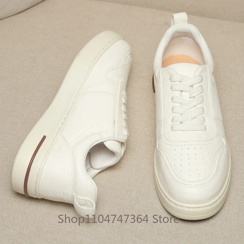 Luxury Designer Genuine Leather Casual Shoes Men's White Sneakers Thick Sole Premium Cowhide Breathable Daily Walking Male