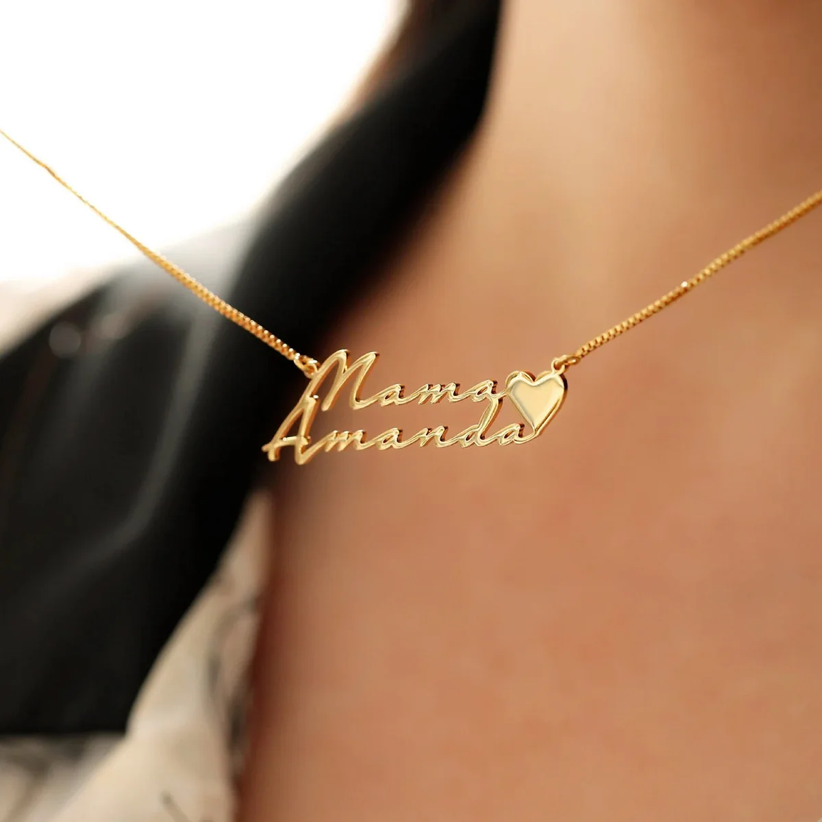 Custom Two Name Necklace with Heart Box Chain Necklace For Women Men Gold Color Personalized Name Necklace Mother's Day Jewelry