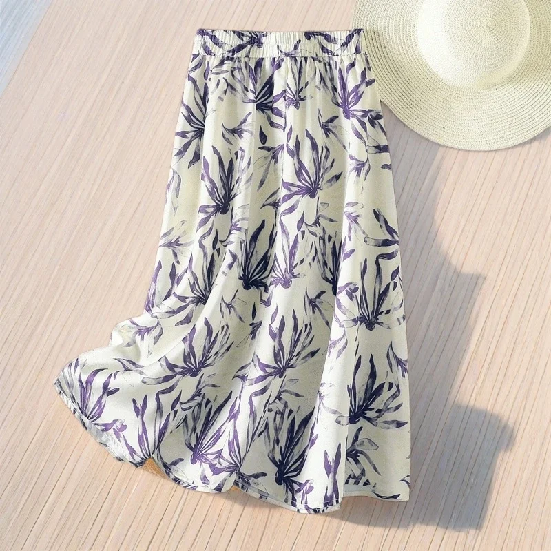 

2025 Summer Autumn New Women's Skirts Fashion Printed Floral Mid Length High Waisted A-line Purple Half Length Skirt Female